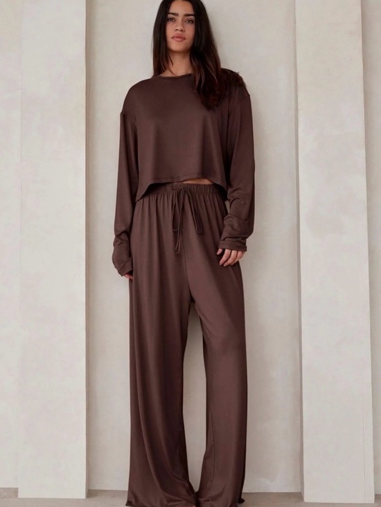 Bumpsuit Pants - Bumpsuit Chocolate Brown Wide Leg Cloud Pants Crop Long Sleeve Tee Shirt NWT